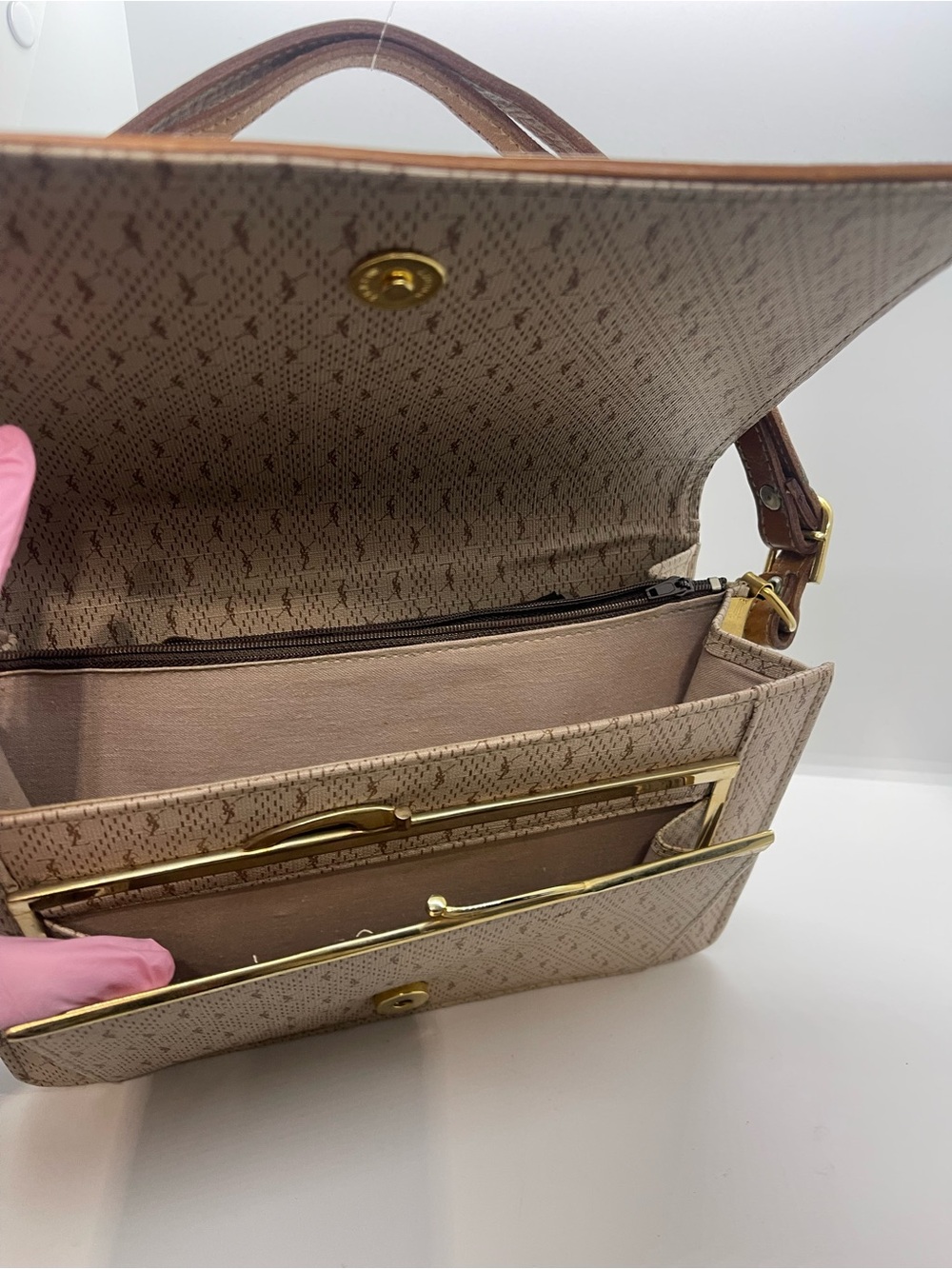 Yves Saint Laurent Beige and Brown Shoulder Bag with Monogram Trim - Picture 14 of 16